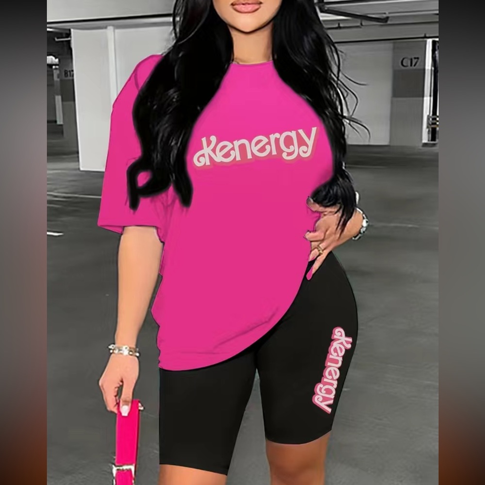 BARBIE KENERGY 2 piece set hot pink shirt and black shorts! L XL XXL available